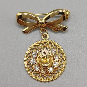 Red Star Roman Numeral Clock Face Clear Rhinestones Necklace Brooch/Pin